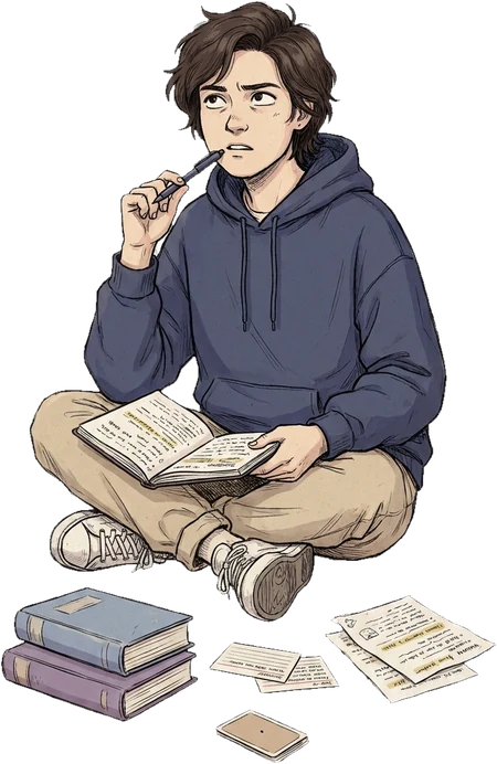 Illustration: Studierender sitzt im Schneidersitz und sucht nach Worten