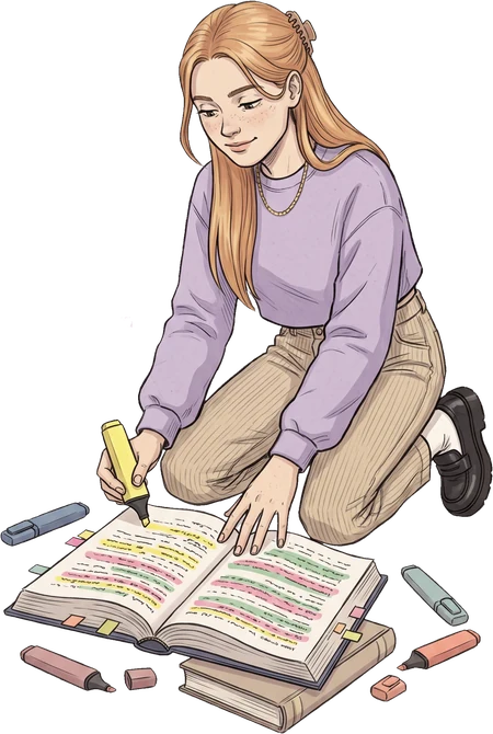 Illustration: Studentin markiert eine bereits vollständig eingefärbte Buchseite
