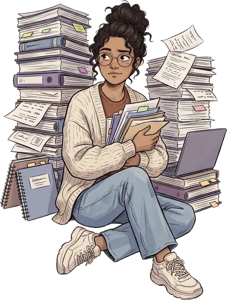 Illustration: Studentin zwischen hohen Papierstapeln mit weiteren Unterlagen im Arm