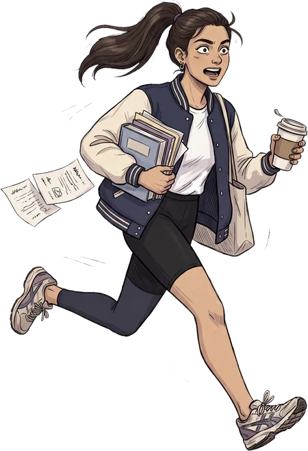 Illustration: Studentin rennt mit Büchern und Kaffeebecher, Blätter fliegen hinterher