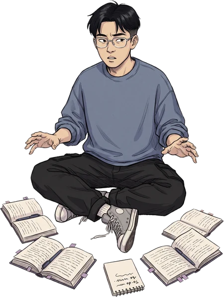 Illustration: Studierender sitzt zwischen mehreren aufgeschlagenen Büchern und zögert