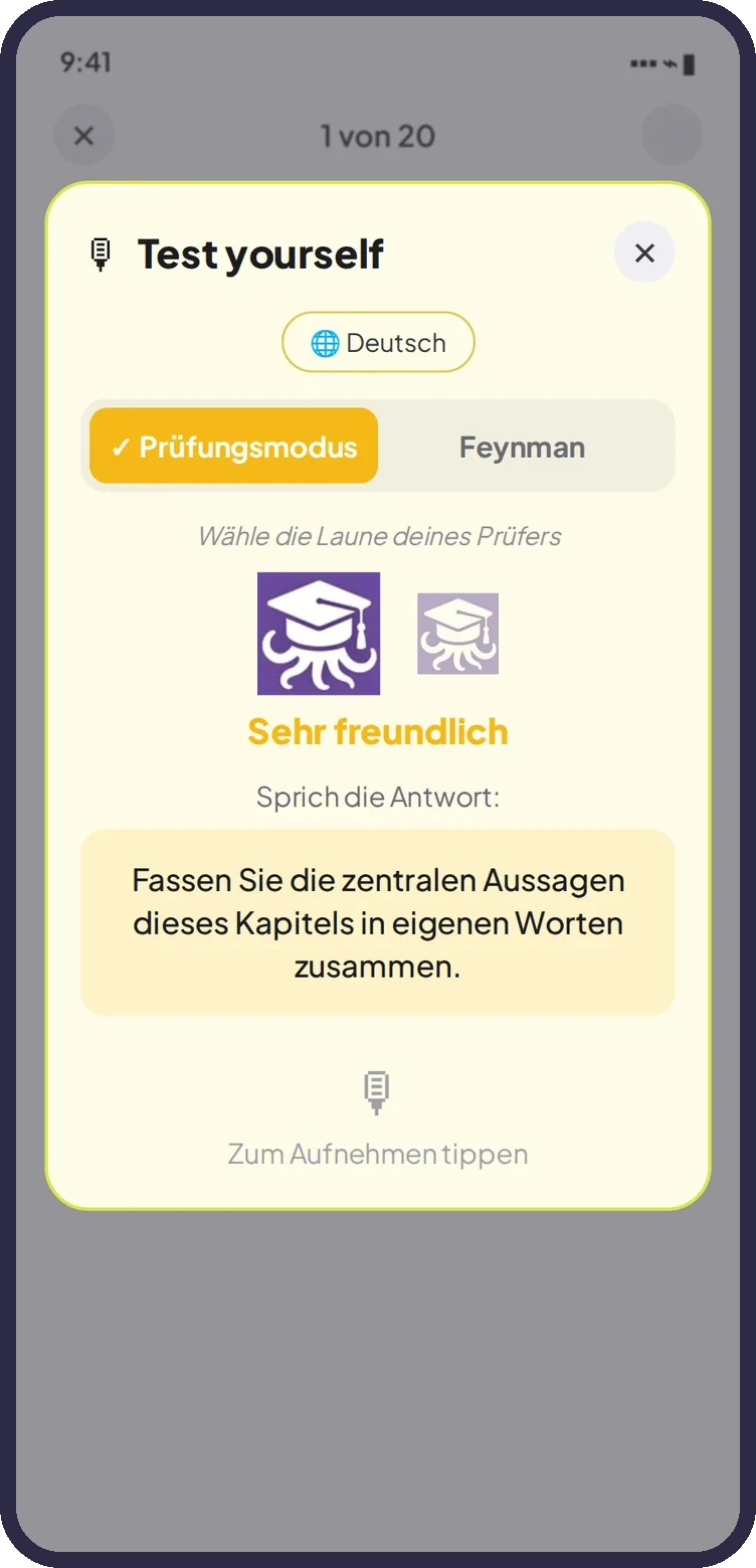 Octa-Karteikarte mit Button "Test yourself" — die Antwort wird laut gesprochen