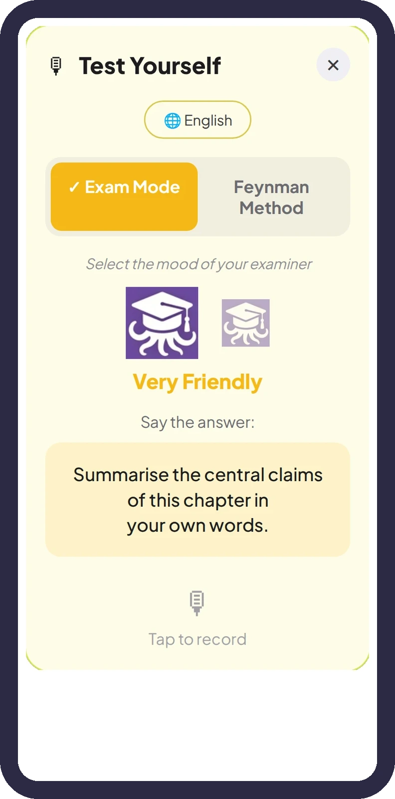 Octa flashcard with a "Test yourself" button — the student speaks the answer out loud