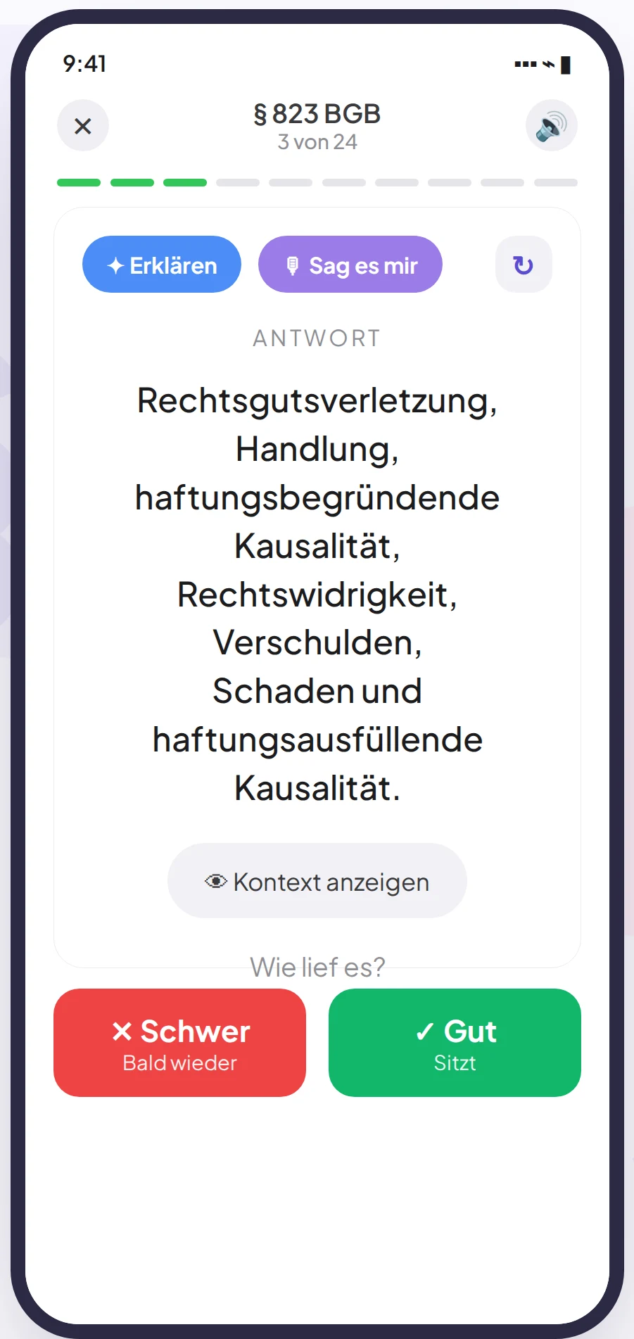 Octa zeigt eine Karteikarte mit Frage, Antwortfeld und Mikrofon-Button für die mündliche Abfrage