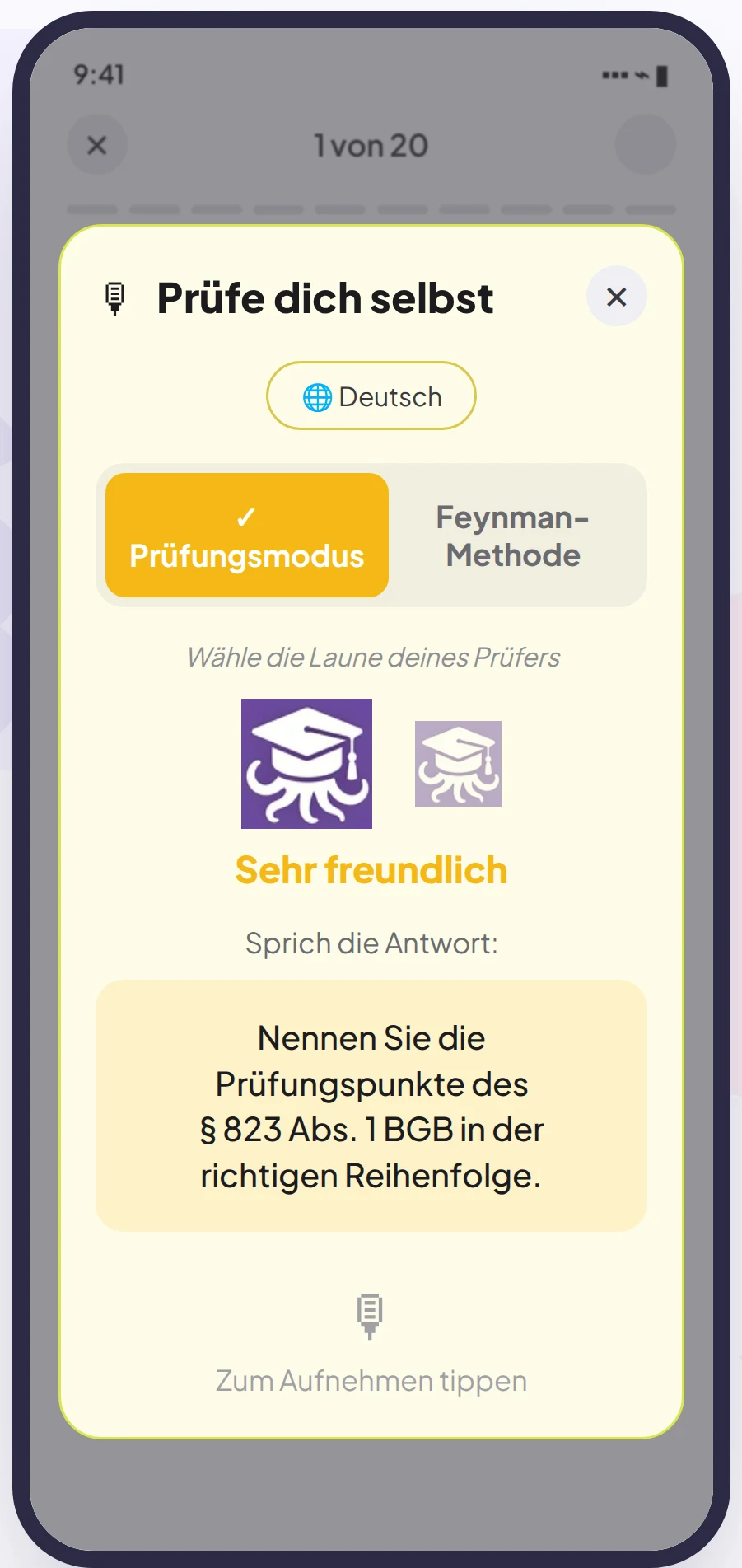 Octa fragt eine Frage mündlich ab und wartet auf die gesprochene Antwort
