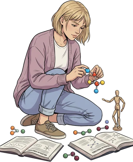 Illustration: Studentin hockt am Boden und baut ein Molekülmodell zwischen aufgeschlagenen Büchern zusammen