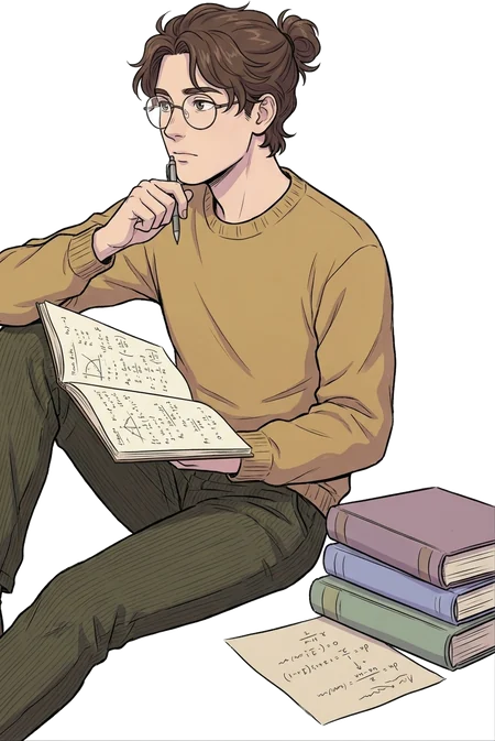 Illustration: Student mit Brille sitzt mit einem Heft voller Herleitungen auf dem Knie und denkt nach